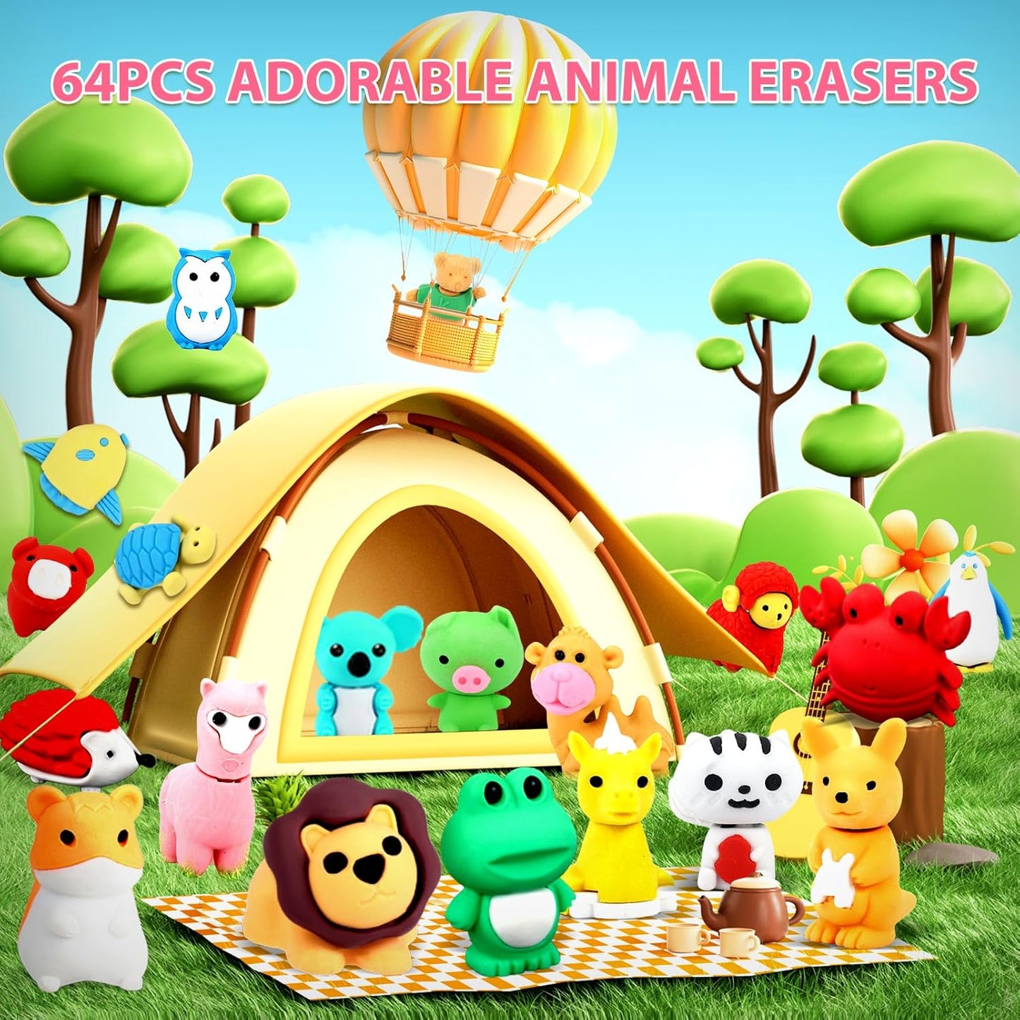 64Pcs Animal Erasers Bulk Cute Desk Pets Kids Puzzle Erasers Take Apart Cool 3D Eraser Mini Pencil Eraser Fun Party Favors for School Supplies Classroom Rewards Easter Egg Fillers Gifts