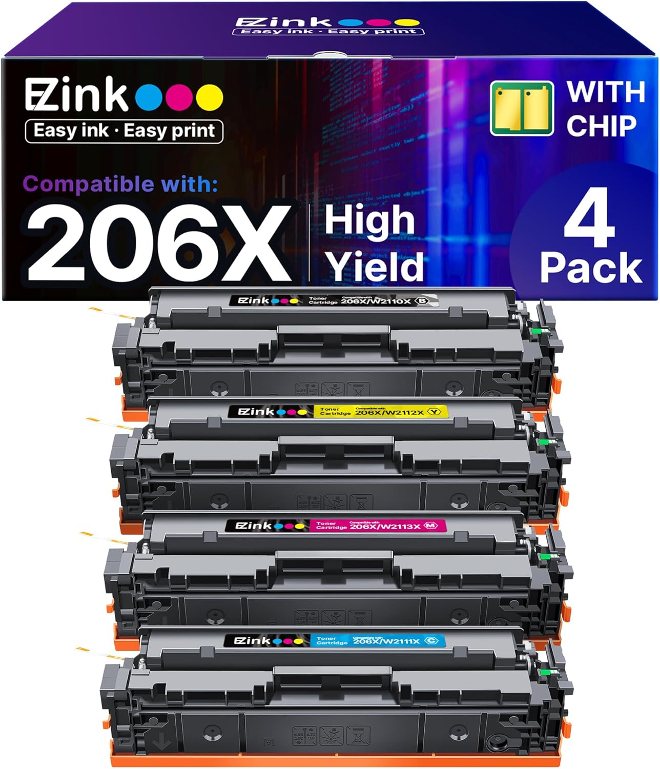 E-Z Ink 206X Toner Cartridges 4 Pack High Yield Compatible for HP 206X 206A W2110X W2110A to Use with HP Color Laserjet Pro MFP M283fdw M283cdw M283fdn M282nw M255dw M255nw M283 (with Chip -B/C/Y/M)