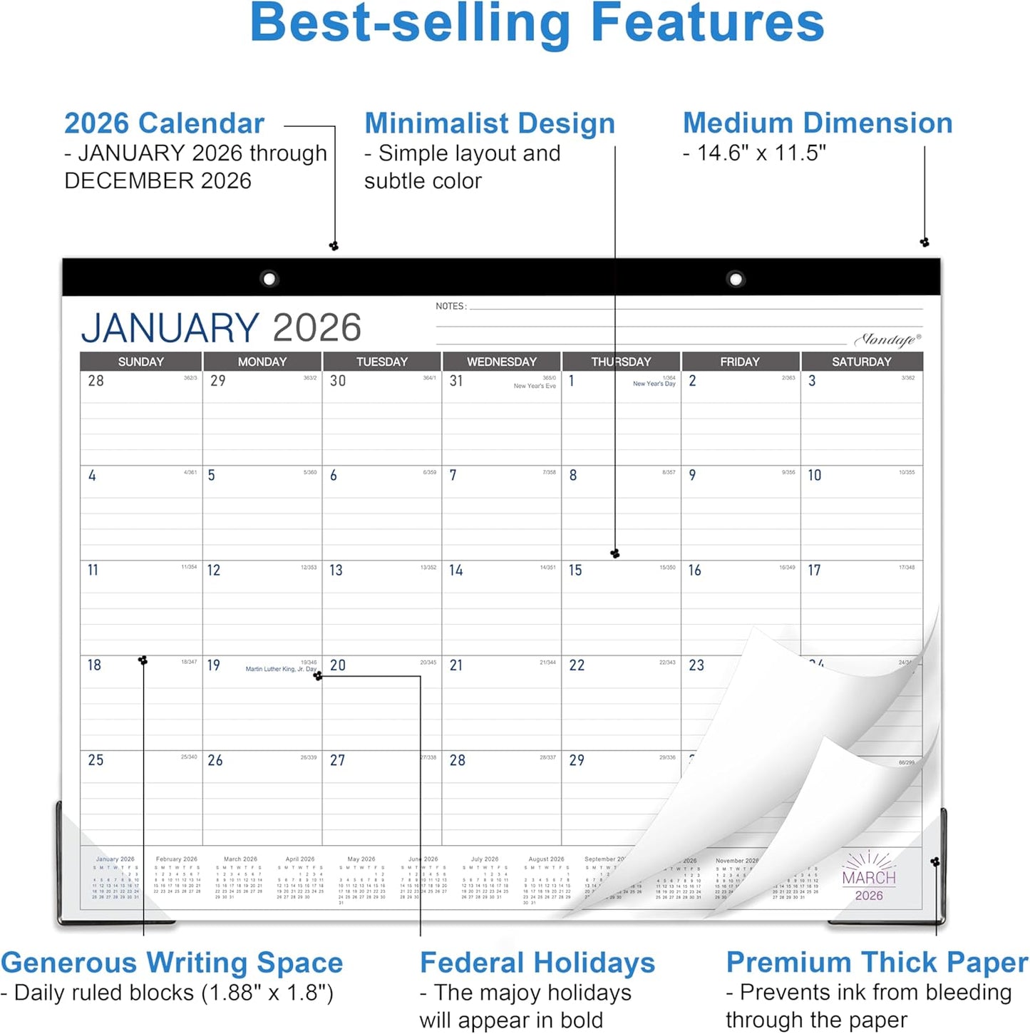 2026 Desk Calendar - Desk/Wall Calendar 2026, JAN 2026 - DEC 2026, 2026 Calendars 12 Month, Desk Calendars with Corner Protectors, Large Ruled Blocks, Thick Paper, Colorful, 14.6" x 11.5", Desktop Calendar for Daily Organizer