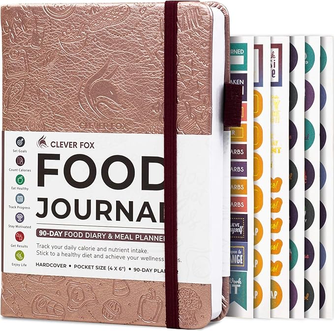 Clever Fox Food Journal Pocket - Daily Food Diary, Meal Planner to Track Calories & Nutrients, Weight Loss Tracker Notebook, 4x5.5” (Rose Gold)