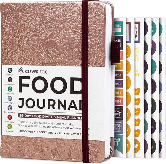 Clever Fox Food Journal Pocket - Daily Food Diary, Meal Planner to Track Calories & Nutrients, Weight Loss Tracker Notebook, 4x5.5” (Rose Gold)