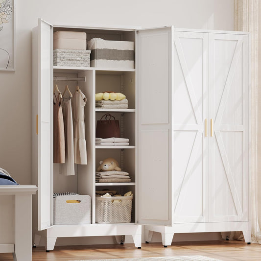 Metal Wardrobe Cabinet with Hanging Rod,Large 71" Armoire Wardrobe Closet with Adjustable Shelves,Farmhouse Metal Clothing Storage Cabinets for Bedroom,Office,Employee(White)