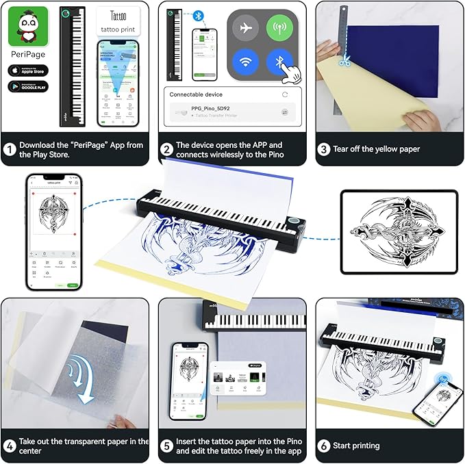 P90-Pino Wireless Tattoo Stencil Printer, Thermal Tattoo Machine with Inkless Tech, Inspired by Piano Design Portable Tattoo Printer Kit Compatible with Phone, Pad & PC