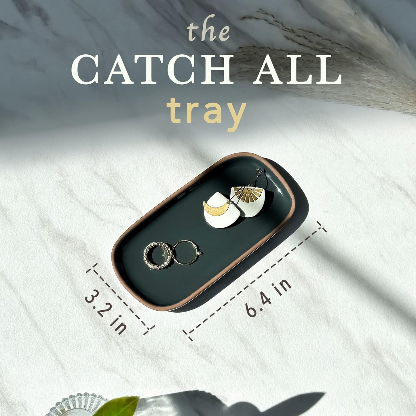 Mora Ceramic Decorative Tray - Rectangle 6.4in Dish for Jewelry, Perfume, Makeup, Accessories, Candle, in The Bathroom Vanity, Bedside, or Kitchen Counter. Cute Organizers - Black