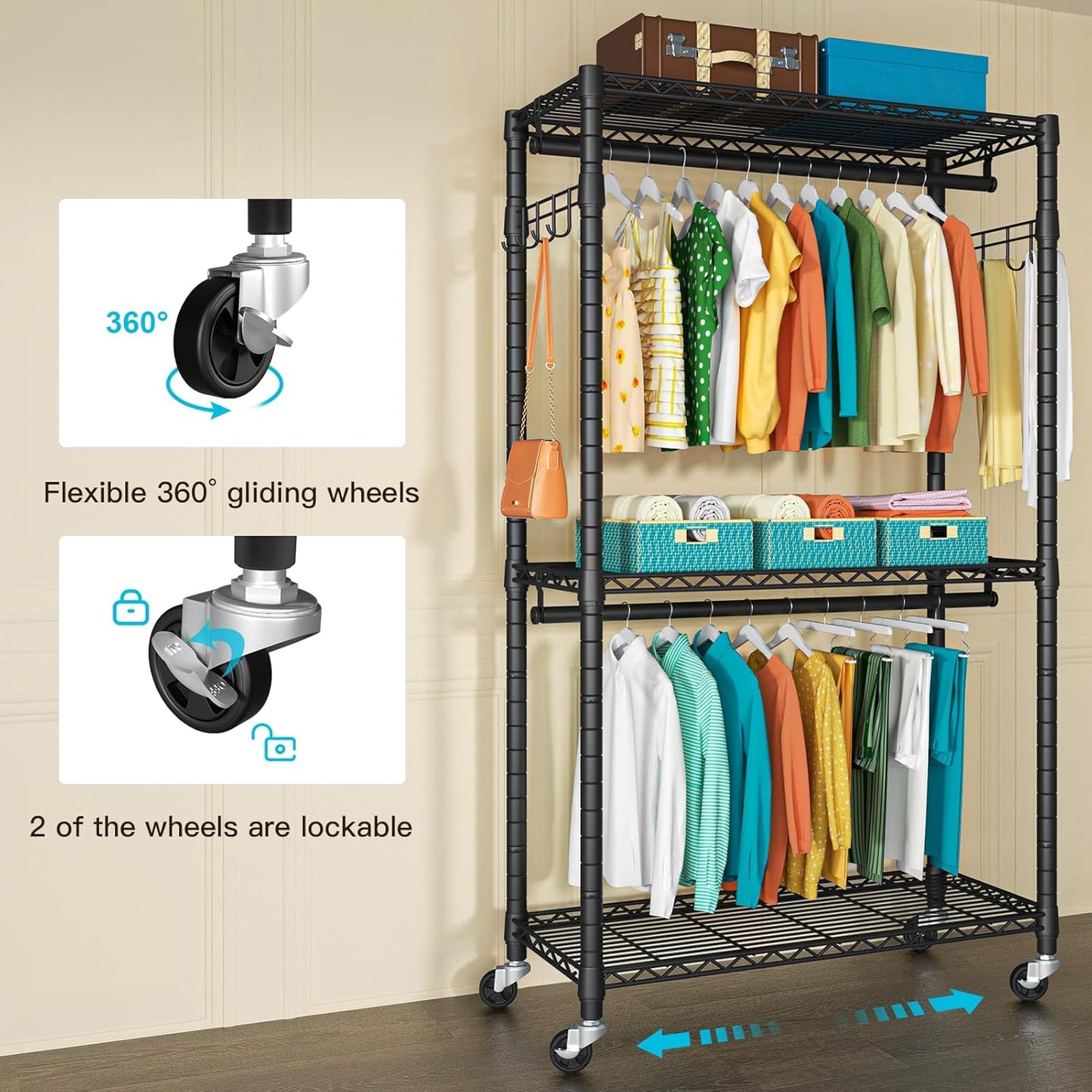 P1 Heavy Duty Garment Rack, 3 Tiers Adjustable Rolling Metal Closet Organizer with Lockable Wheels, FreeStanding Wardrobe with Double Hanger Rods & 1 Pair Hooks, Max Load 450 LBS, Black