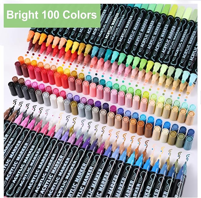 80 Colors Waterproof Dual Tip Acrylic Paint Pens, Dot & Fine Tip Premium Coloring Drawing Markers Set for Wood, Rock Painting, Canvas, Glass, Ceramic Surfaces and DIY Crafts Making Art Supplies