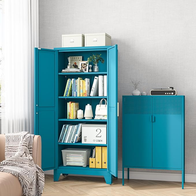 71H Tall Metal Storage Cabinet with 2 Doors and 5 Shelves,Farmhouse Storage Cabinet with Barn Doors,Pantry Storage for Home,Office,Bathroom,Dining Room,Kitchen(Blue)