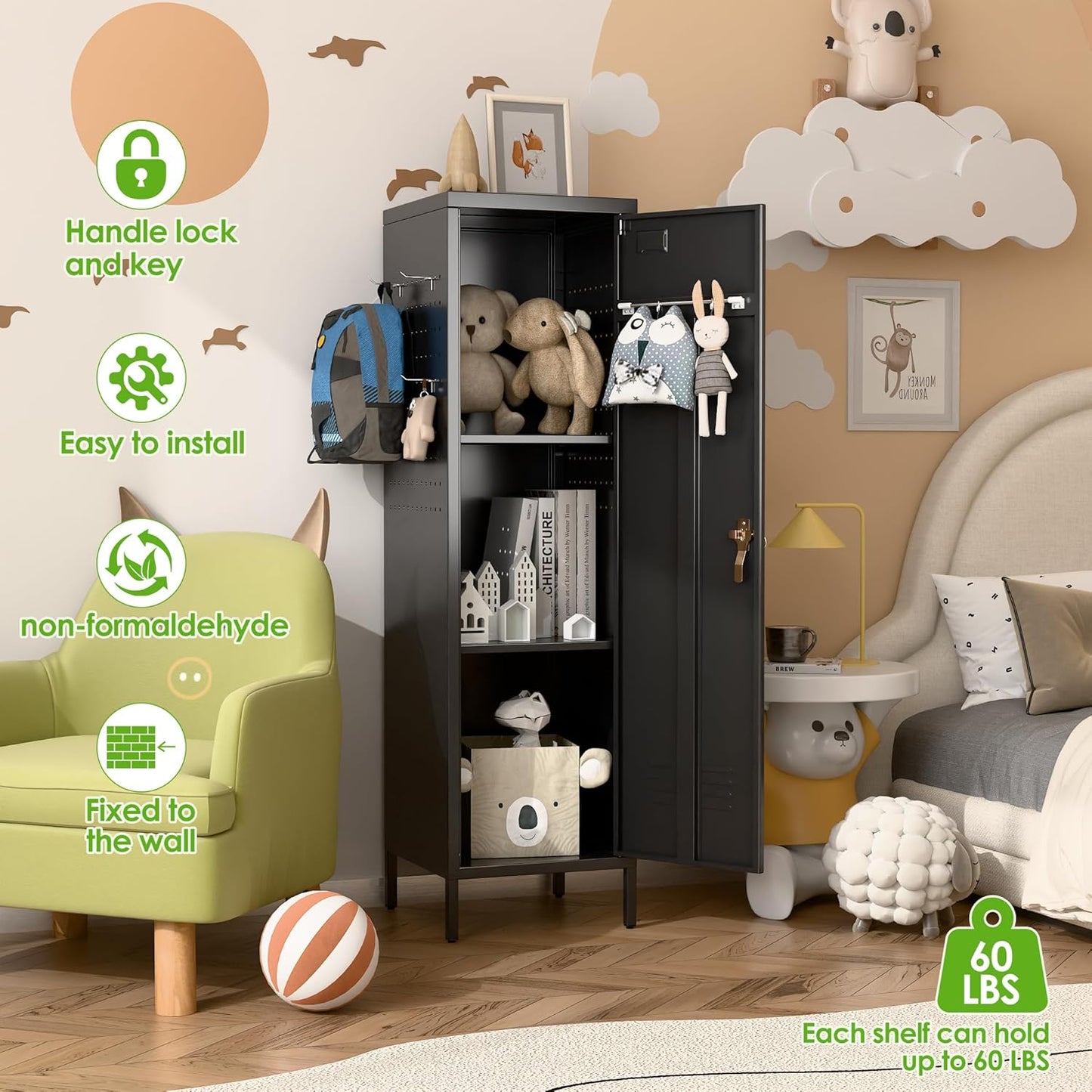 Metal Lockers for Employees with Handle,Metal Storage Locker with 2 Pegboard & 5 Hooks for Gym, School, Office,Home,Garage,Black