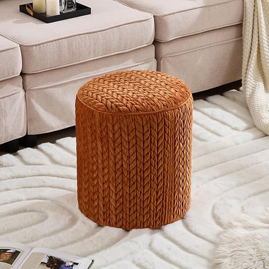 Modern Round Ottoman, Braided-Tufted Foot Stool Ottoman, Velvet Upholstered Vanity Stool for Makeup, Bedroom, Living Room, Dark Orange