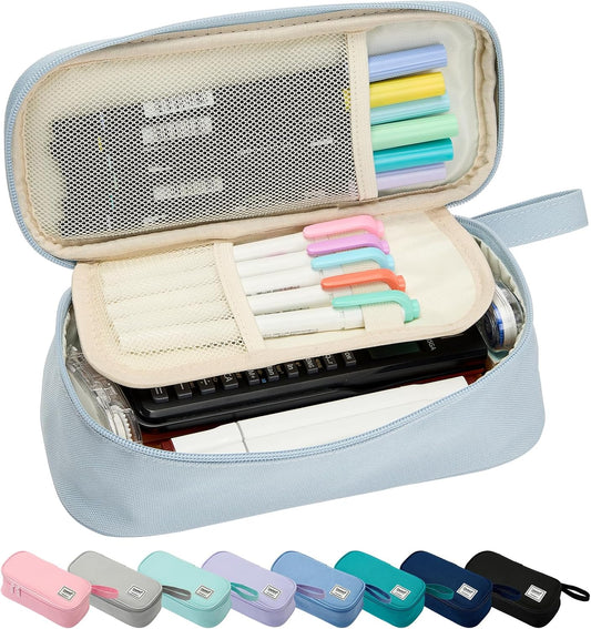 Pencil Case Pouch Box Bag School Supplies Girls Boys Kids, Cute Preppy Stuff Large Big Capacity Aesthetic Pen Organizer, Back to College Stationary, Powder Blue, Standard Stlye, 1800ml