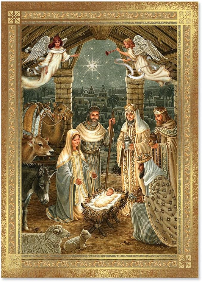 Current Golden Nativity Deluxe Personalized Religious Christmas Cards with Envelopes - Set of 14 Large 5" x 7" Folded Faith Cards, Sentiments Inside, Add Names & Text
