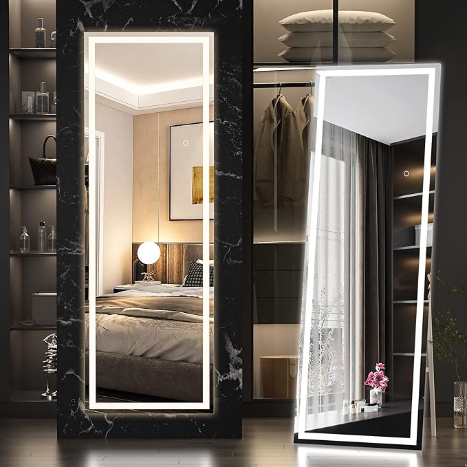 Hasipu Full Length Mirror with Lights, 56" x 15.8" LED Floor Mirror, Full Body Dressing Standing, Hanging Mounted Mirror for Living Room Bedroom Cloakroom, Square White