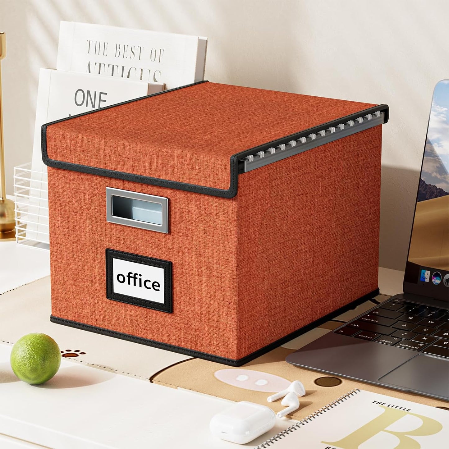 Huolewa Portable File Organizer Box with Lid, Large Linen Hanging Office Document Storage Box with Lid, Collapsible Filing&Storage Box for Office/Decor/Home - 14.9 x 12.7 x 10.8 inch