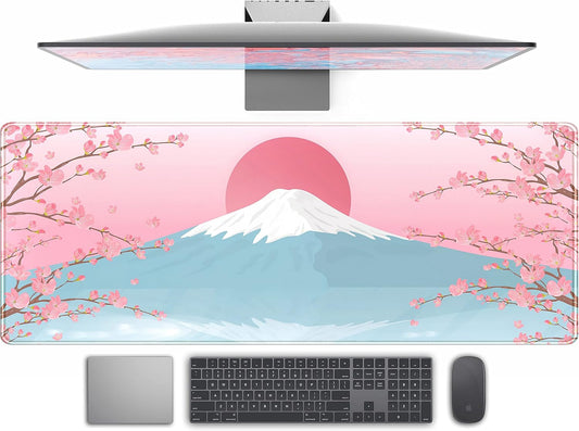 Aesthetic Japanese Cherry Blossom Desk Mat Cute Pastel Blue Color XL Sakura Gaming Mouse Pad Anime Mousepad for Women Desk Office Girl Gamer Cherry Blossoms Mouse Pads Fun Desktop Mat 31.5x11.8 in