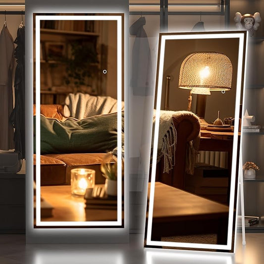Hasipu Full Length Mirror with Lights, 67" x 24" LED Lighted Floor Standing, Full Body Dressing Hanging Mounted Mirror, Dimmable, Tempered Glass, Safe to Use, Square White