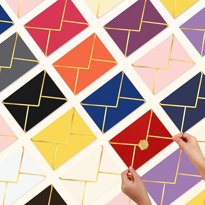 60 Pack 5x7 Envelopes for Invitations,A7 Business Envelopes Letter Size 250g Shimmer Cardstock with Gold Foil V Flap & Sealer,Security Envelopes for Gift Card,Wedding,Baby Shower(Orange)