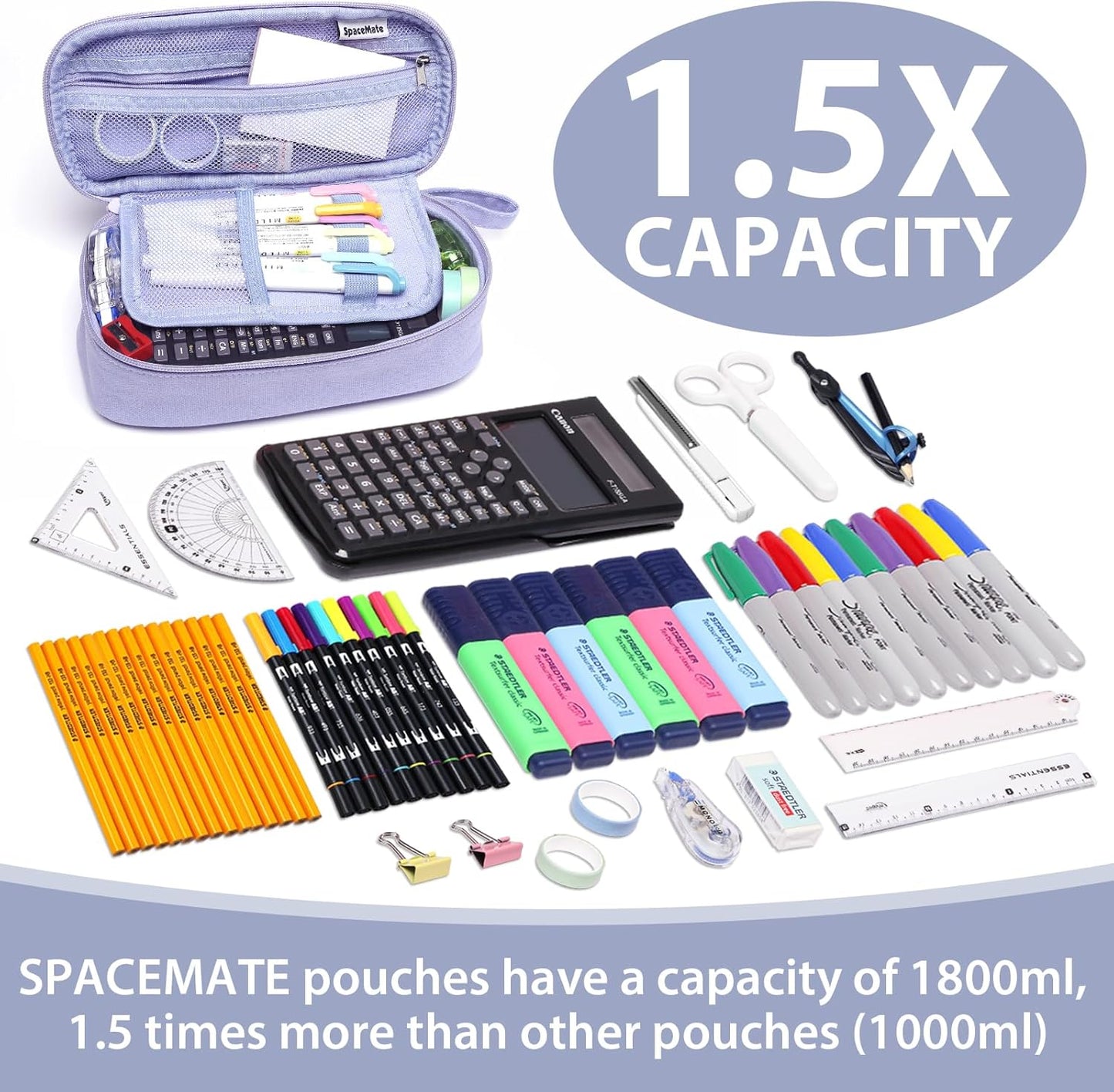 Pencil Case Pouch Box Bag School Supplies Girls Boys Kids, Cute Preppy Stuff Large Big Capacity Aesthetic Pen Organizer, Back to College Stationary, Purple, Heavy Duty Canvas, 1800ml