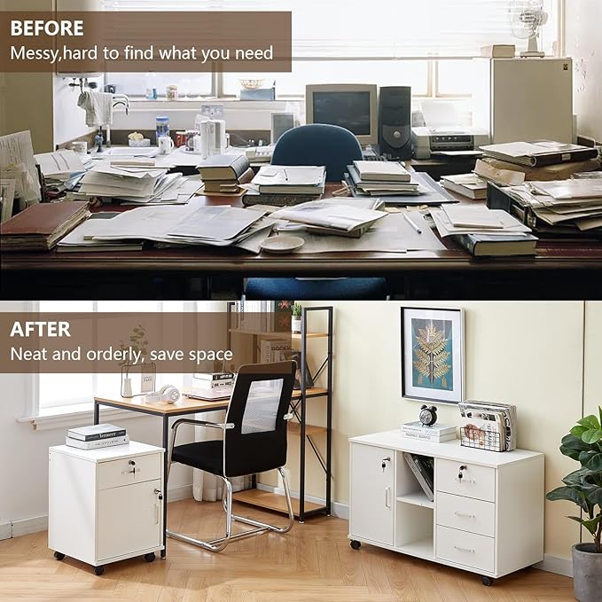 TUKAILAi Mobile File Cabinet with Lockable Drawer & Door, Under Desk Rolling Filing Cabinet with 4 Wheels, Wooden Stationery Storage Cabinet for Home Office (White)