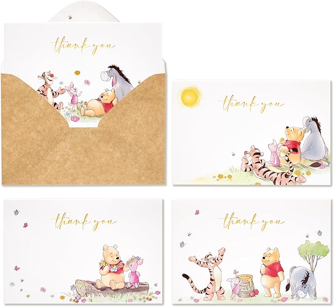 Crisky Gold Foil Winnie the Pooh Thank You Cards with Envelopes and Stickers, 50 Pack Animal Thank You Cards for Baby Showers, Birthdays, Friendsgiving