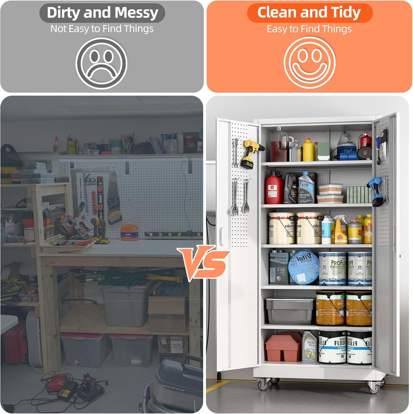 Aobabo Metal Storage Cabinet with Wheels,Heavy Duty Office Storage Cabinet with Lock,Steel Cabinet with 2 Doors and 5 Adjustable Shelves for Office Home School Storage,Required-Assembly White