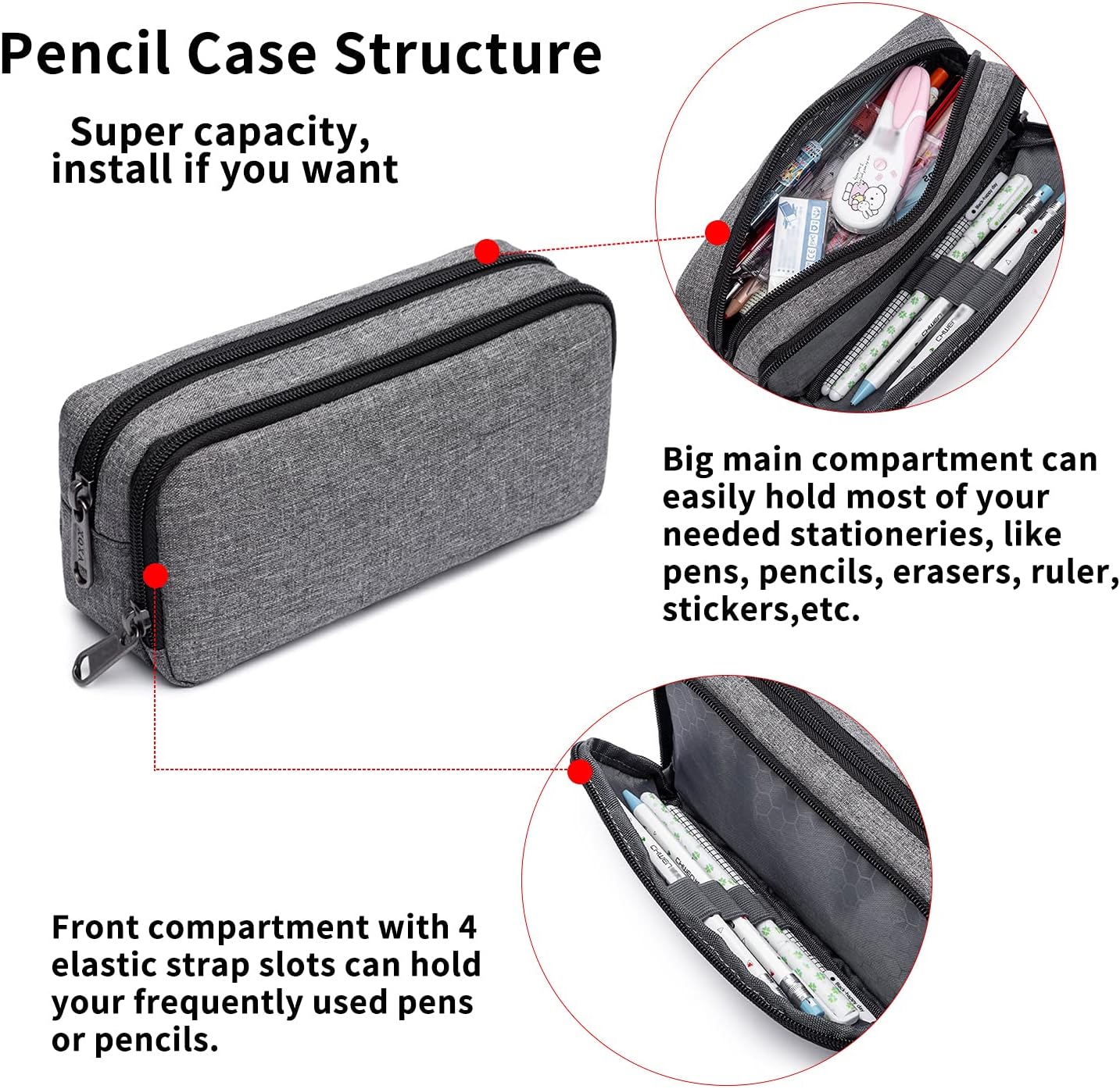 Big Capacity Pencil Pen Case Nylon Large Pencil Pouch Simple Stationery Bag Office Organizer Pen Bag for Men Women - Grey
