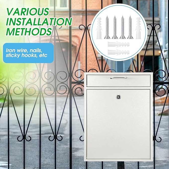 Locking Mailbox with Key for Outdoor 18 x 15 x 7 Inches Large Wall Mount Mail Box with Lock Security Mail Drop Metal Collection Boxes Hanging Secure Postbox(Creamy White)