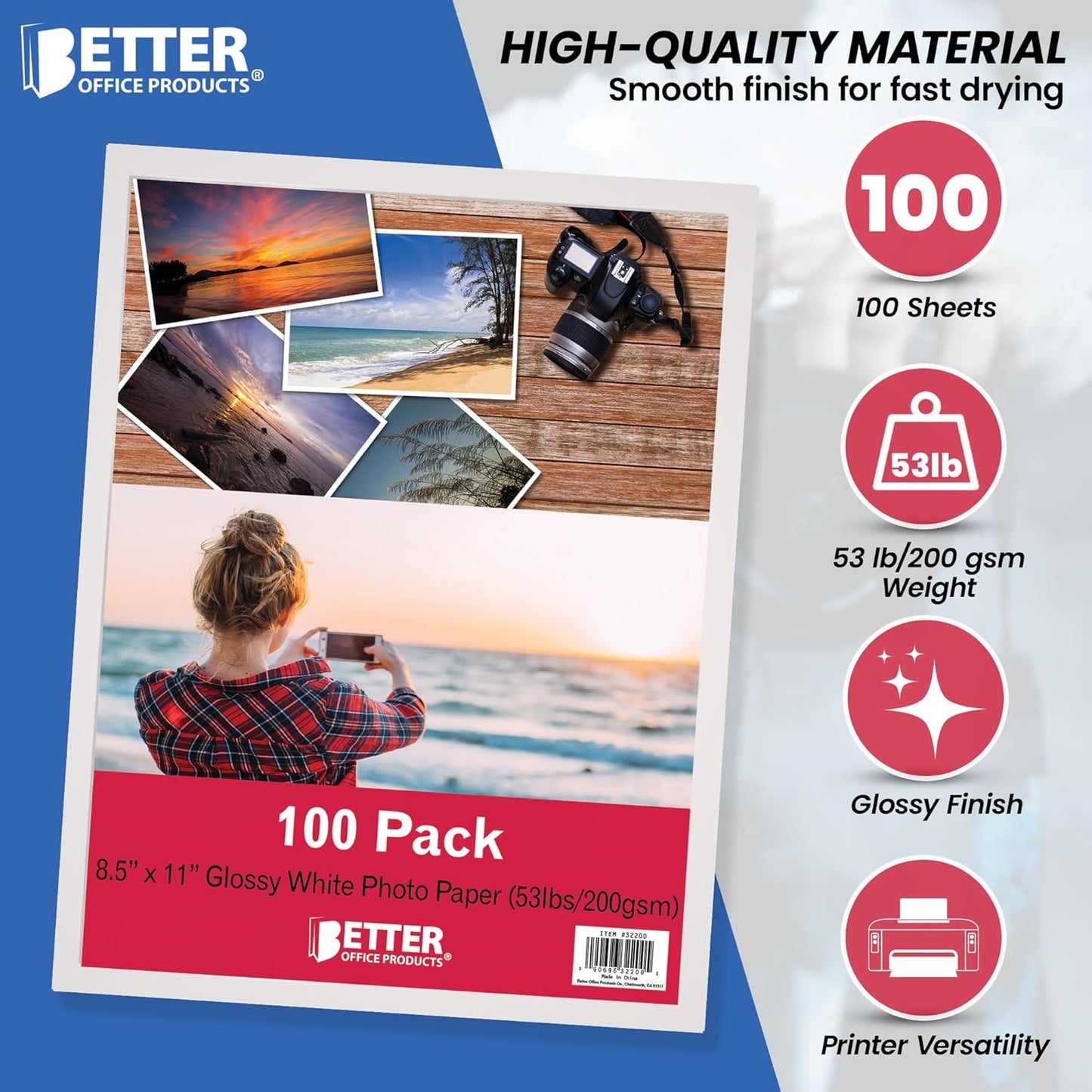 Better Office Products Glossy Photo Paper, 8.5 x 11 Inch, 100 Sheets, 200 gsm/53LBS, Letter Size, 100-Count Pack