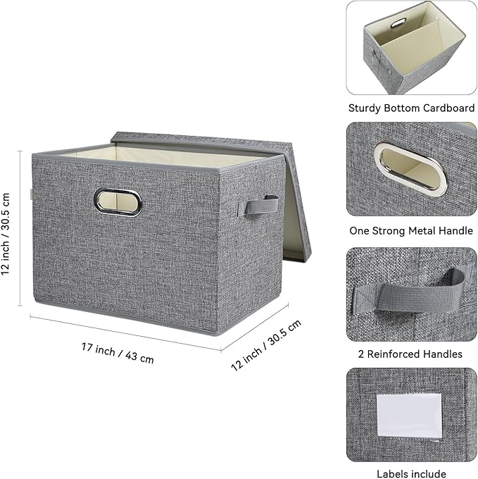 Voova Large Collapsible Storage Bins with Lids, 3 Pack Stackable Line Fabric Cube Storage Organizer, Foldable Closet Storage Boxes Baskets Containers with Cover for Clothes Bedroom Office Home, Grey