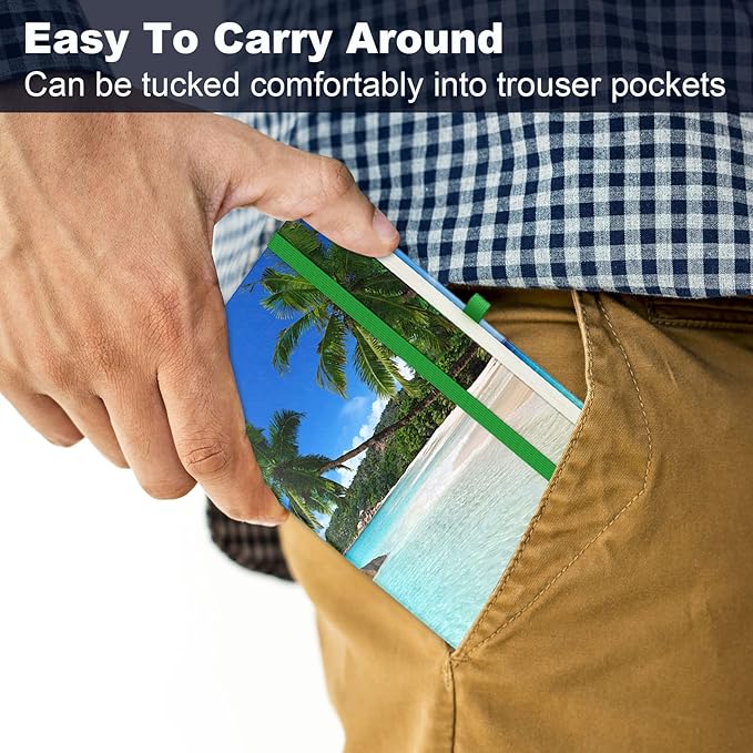 Small Notebook, Mini Pocket Journal A6 5.7" x 3.9", Leather Hardcover Journal with Pen Holder, 160 Thick Papers, Cute Lined Notebook Small Notepad for Women Writing Work Travel, Coconut Trees