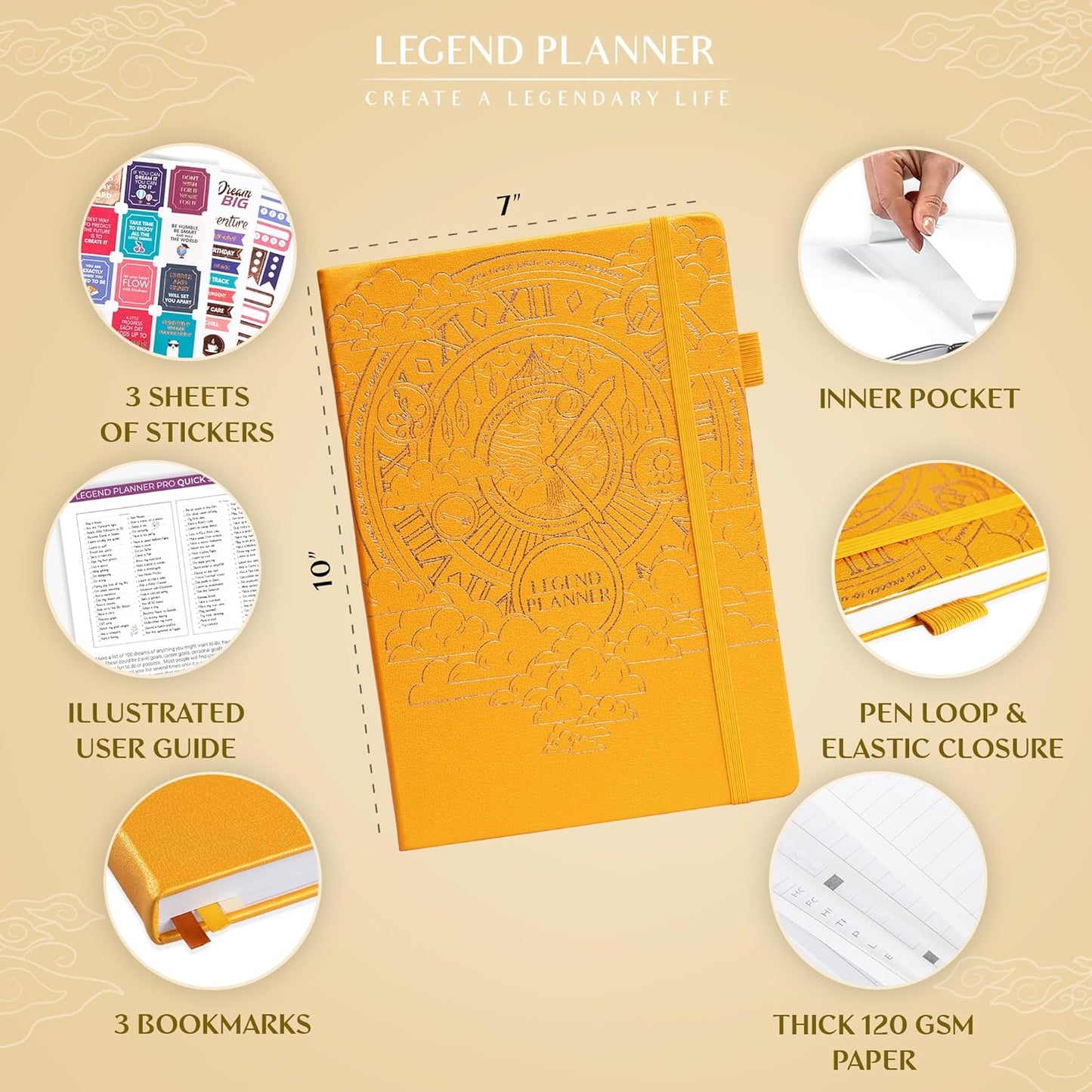 Legend Planner PRO – Deluxe Weekly & Monthly Life Planner to Increase Productivity and Hit Your Goals. Time Management Organizer Notebook – Undated – 7 x 10" Hardcover + Stickers – Amber Yellow