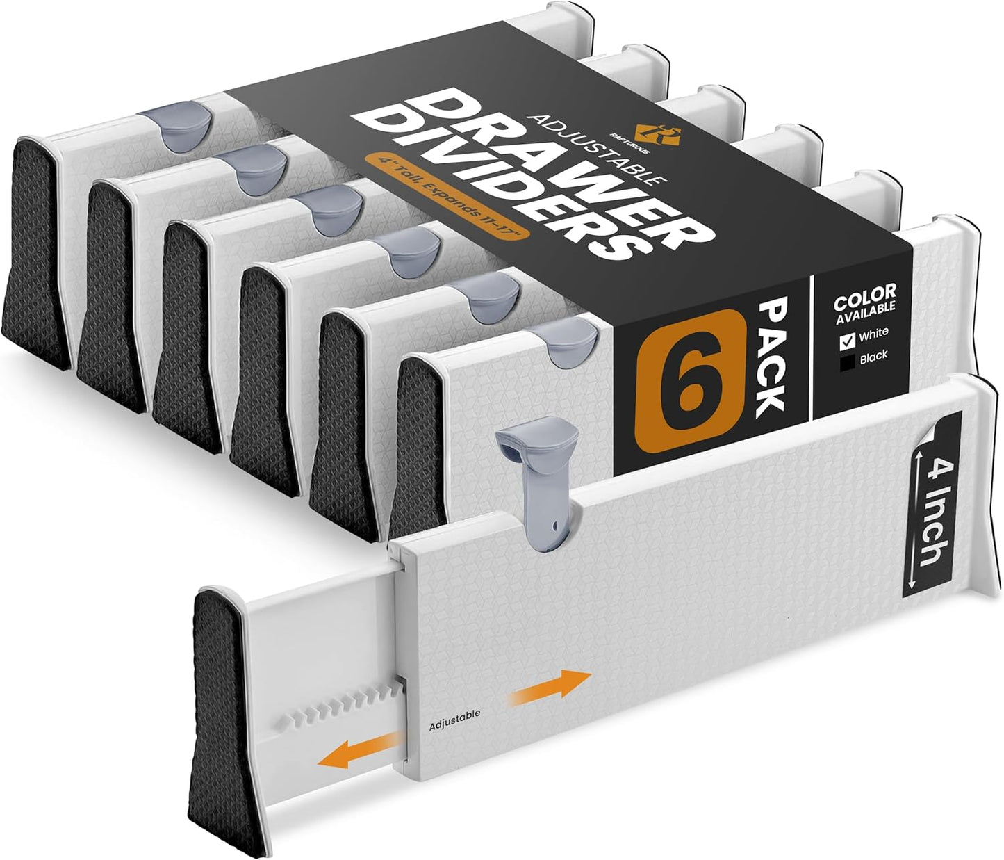 RAPTUROUS Adjustable Drawer Dividers 6 Pack, 4” High, 11-17” Long, Dresser Drawer Organizer for Bedroom, Closet, Kitchen, Nursery, Office, Strong Hold, Soft Foam Edges, White