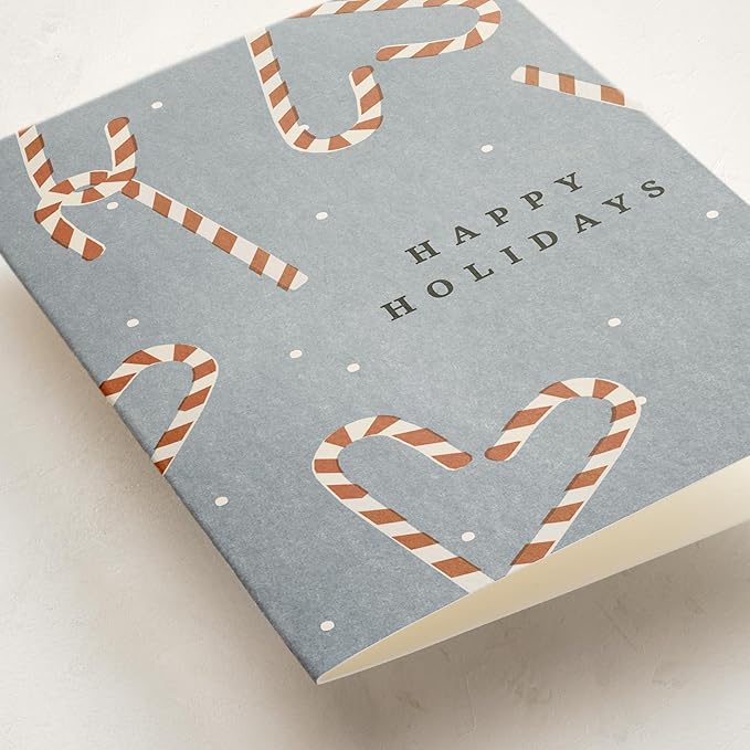 Minted Sweet December Holiday Cards, 8 Cards with Envelope Folded 5x7 Christmas Card with Candy Cane Pattern and Snowy Blue Background, Modern Minimalist Design, Luxurious Paper, Blank Inside