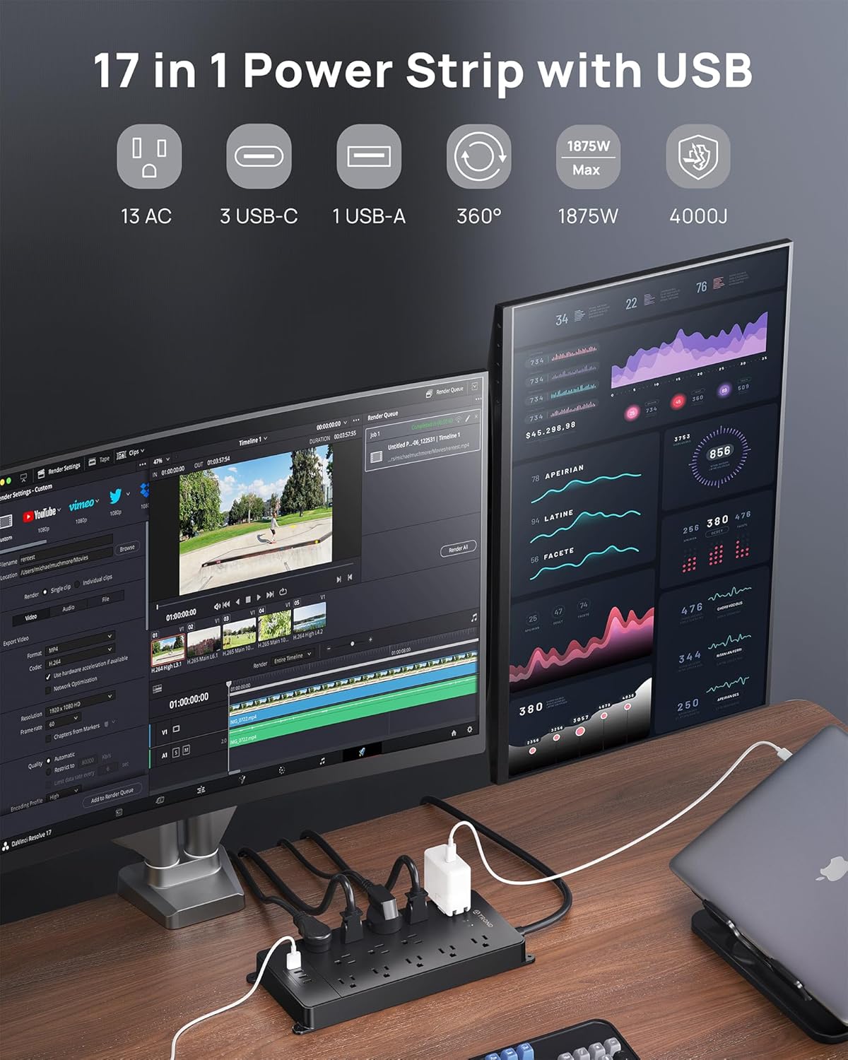 TROND 360° Rotating Flat Plug, Surge Protector Power Strip, 13AC Widely Spaced Outlets Expansion with 3 USB C Ports, 4000J, 10ft Extension Cord Heavy Duty, Wall Mount, Under Desk, ETL Listed, Black