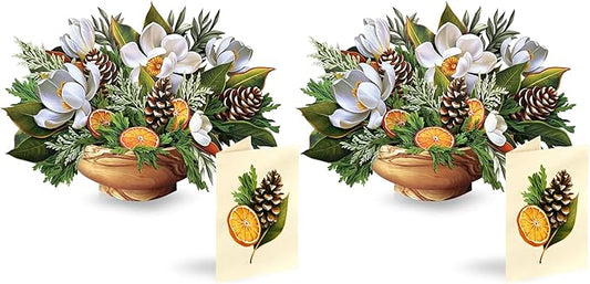 Freshcut Paper Pop Up Cards, Mini Winter Magnolia (Set of 2), 6 Inch Mini Sized Forever Flower Bouquet 3D Popup Greeting Card, Christmas Cards, Holiday Card, Blank Notecard & Envelope