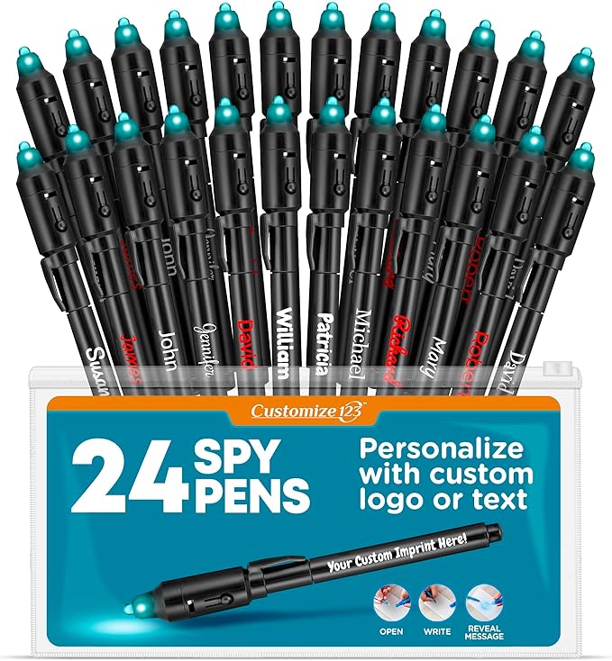 Personalized Invisible Disappearing Ink Pen Marker Pack, Custom Secret Spy Message Writer with UV Light, Fun for Kids Party Favors Gifts and Stock Stuffers, 24 Pack, Black