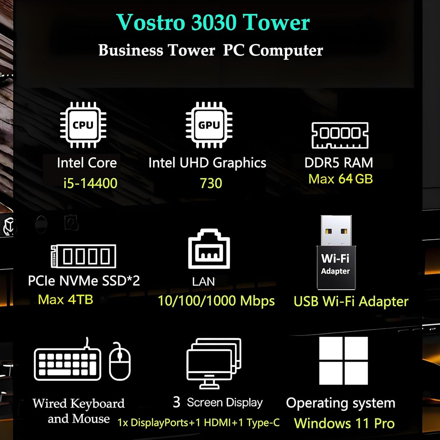 Dell Desktop Computers Tower PC for Home Business Student, 14th Gen Intel Core i5-14400 (Beat i7-13620H), 64GB DDR5 RAM, 2TB PCIe SSD, WiFi Adapter, DisplayPort, HDMI, Type-C, Windows 11 Pro