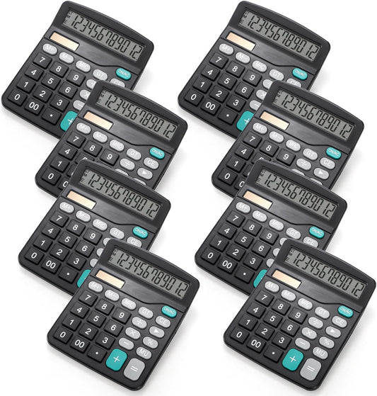 8 Pack Desktop Calculator 12 Digit, Solar Battery Basic Calculator, Dual Power Electronic Calculators with Large LCD Display, Sensitive Button Handheld Calculator for Office Home School, Black