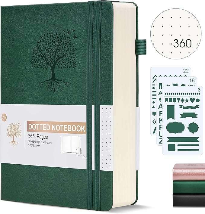 Dotted Journal Notebook, 360 Numbered Pages Bullet Dot Grid Journal,100gsm Dot Paper Thick Hardcover Leather Journal for Writing Women Men, A5 Dotted Grid Notebooks for Work 5.75" x 8.38" Green