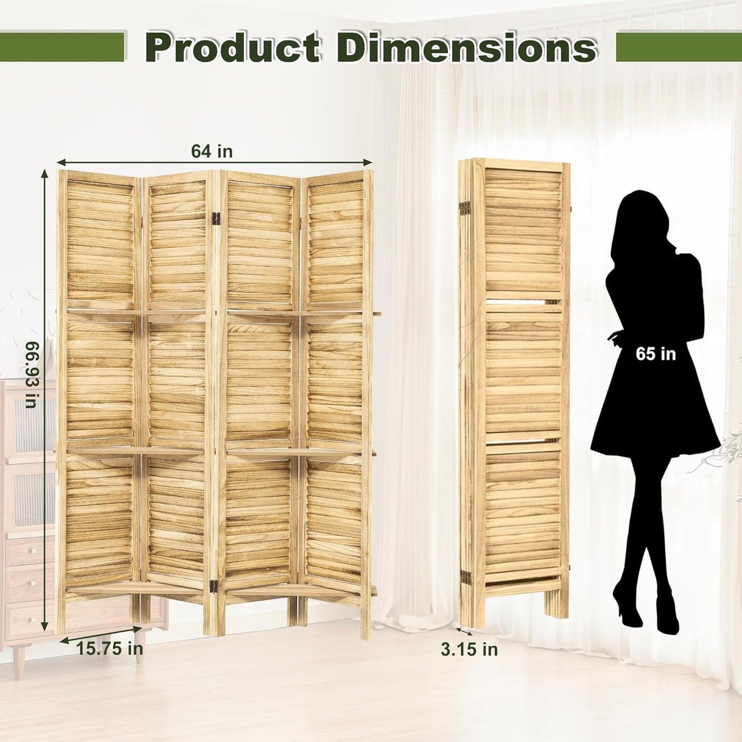 NicBex 4 Panel Room Divider,5.6FT Wood Carved Room Dividers with Display Shelves Folding Privacy Screens Portable Freestanding Partition Wall Dividers for Room Separation, Bedroom Office,Natural Wood