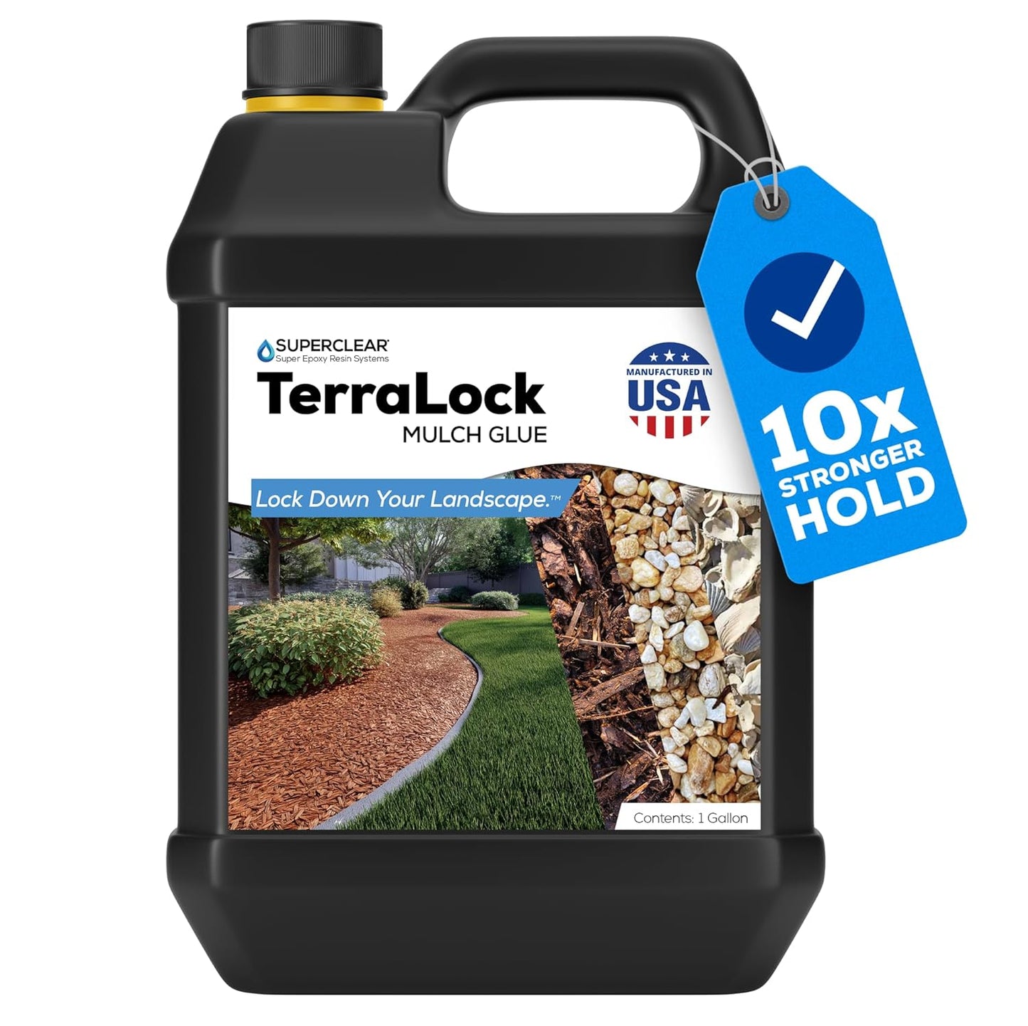 Superclear TerraLock Mulch Glue for Landscaping, 1 Gallon Rock Glue. Easy Spray, Easy Hold. Perfect for Mulch, Pea Gravel Large & Small, Rock, Straw and Stone, Pega para Piedras de Jardin