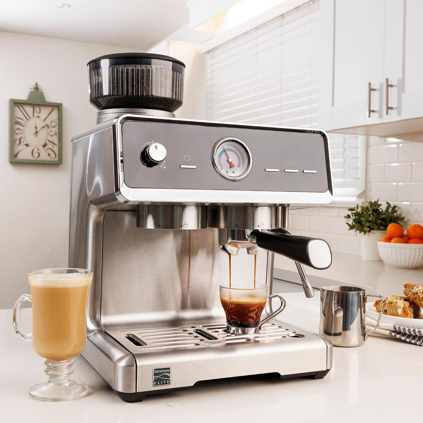 Kenmore Elite Espresso Machine – Semi Automatic Coffee Maker with Auto Tamper, Auto Cleaning, Milk Steamer & Frother, Bean Grinder, Make Professional Barista Style Cappuccino, Café Latte
