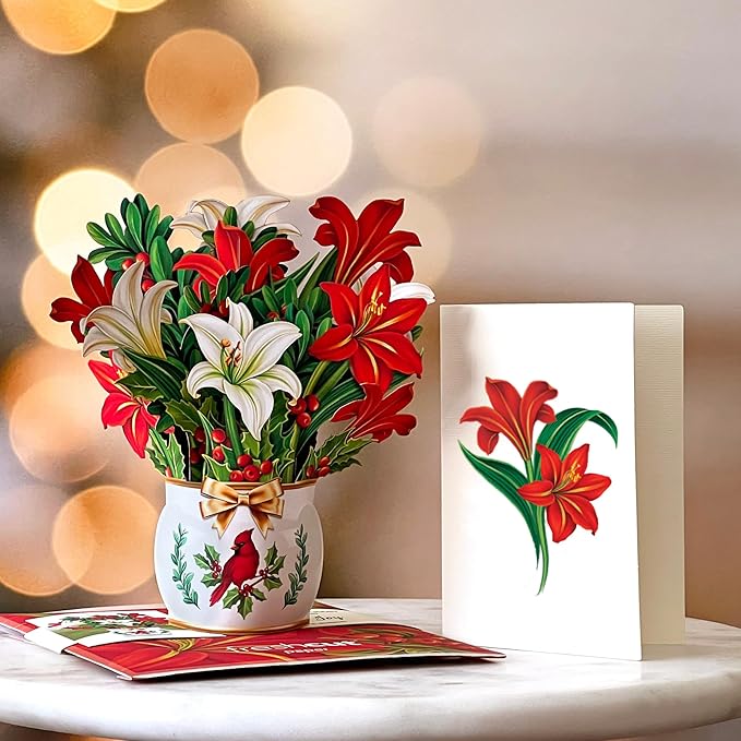 Freshcut Paper Pop Up Cards, Mini Winter Joy, 6 Inch Mini Sized Forever Flower Bouquet 3D Popup Greeting Cards, Christmas Card, Holiday Card, Blank Notecard & Envelope