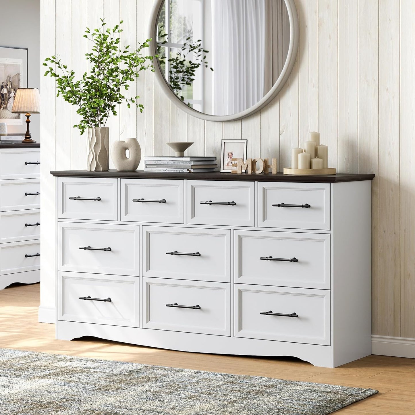 White Dresser for Bedroom, Farmhouse 10 Chest of Drawers, 59" Wide Chest of Drawers with Brushed Metal Handle, Wood Closet Organizers and Storage Cabinet for Bedroom, Living Room, Hallway