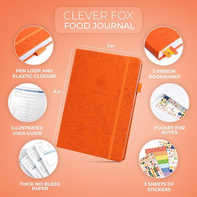 Clever Fox Food Journal - Daily Food Diary, Meal Planner to Track Calories & Nutrients, Weight Tracker Notebook, A5 (Orange)