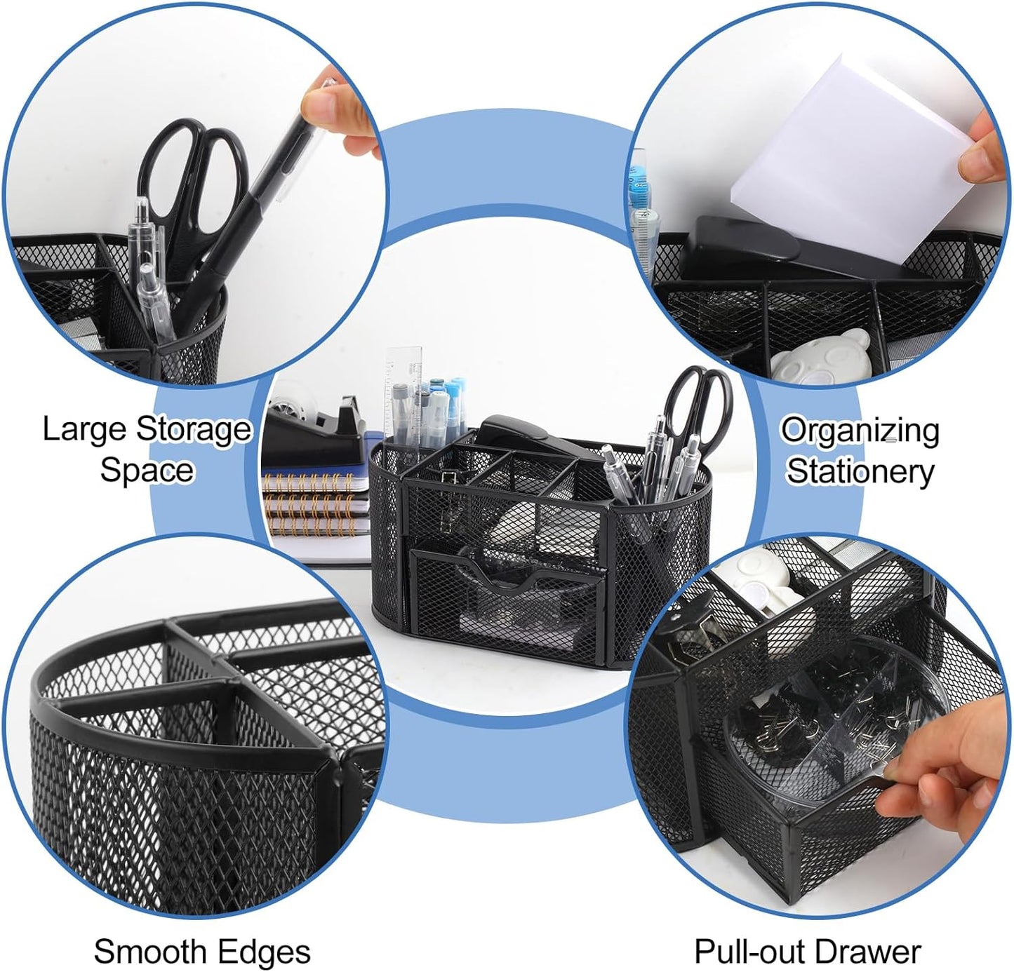 Office Supplies for Desk,14pcs Black Desk Sets and Accessories, Office Supply Kit with Mesh Desktop Organizer and Stapler,Staple Remover, Staples,Tape Dispenser,Sticky Tabs,Scissors, Ruler