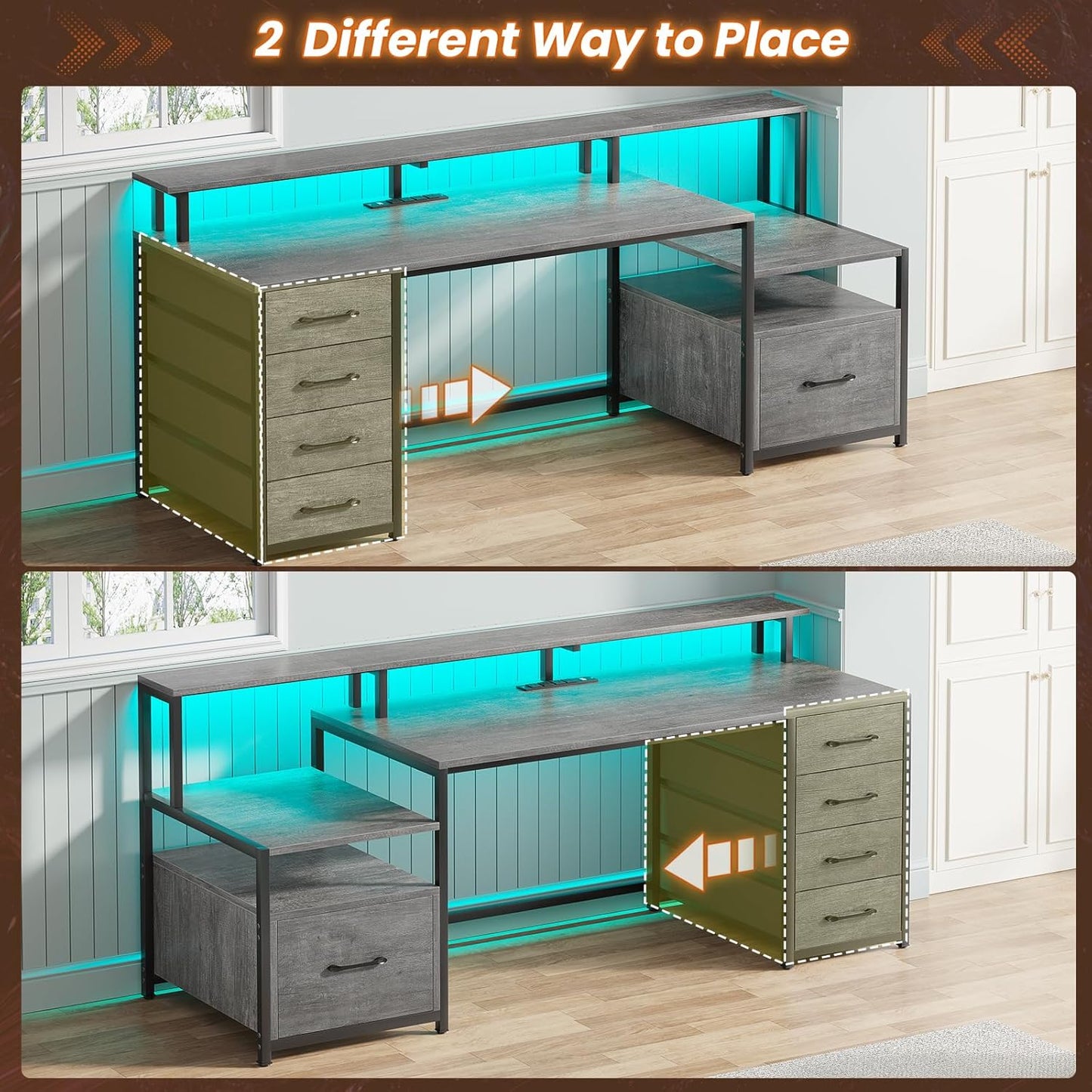 SEDETA Home Office Desk with File Drawer & Power Outlet, 66'' Computer Desk with 5 Drawer, Storage Shelves, Printer Cabinet and Monitor Shelf, Gaming Desk with Led Lights, Grey