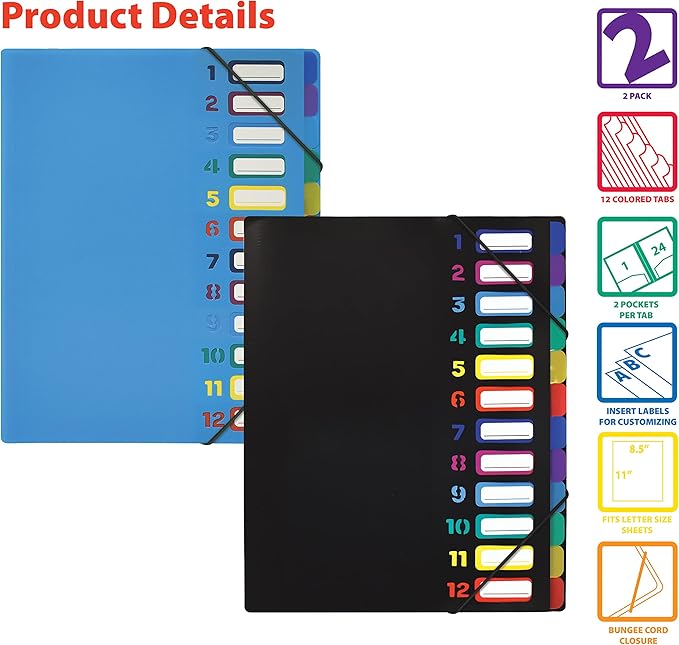 Better Office Products 24 Clear Pocket Expanding File Folder with 12 Colored Tabs, Letter Size, Holds 300 Sheets, Project File Organizer, Numbered Index on Cover,(2 Pack Black & Blue)
