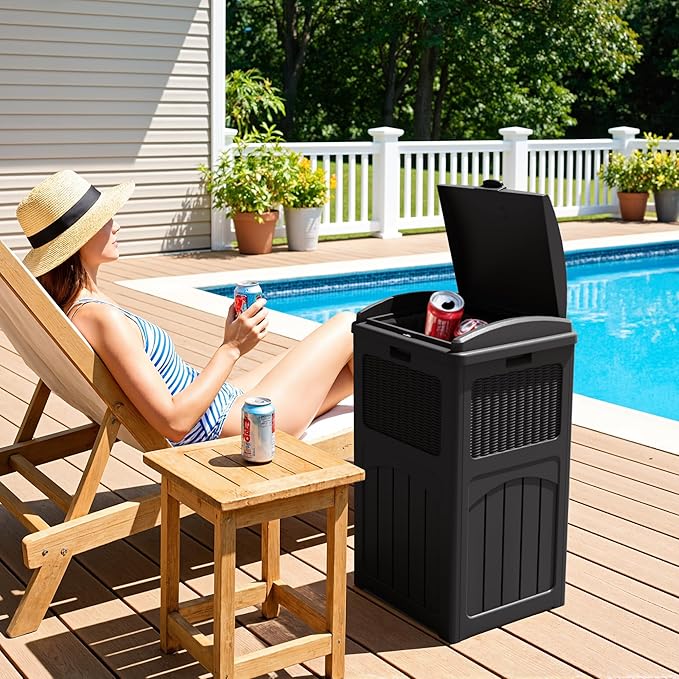 Greesum 33 Gallon Outdoor Trash Can with Lid, Waterproof Resin Garbage Bin for Hideaway, Deck, Patio, Black