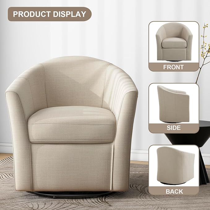 UIXE 360° Swivel Barrel Accent Chairs Set of 2, Modern Round Arm Chair Upholstered Club Armchair, Single Sofa Seating in Fabric for Living Room, Bedroom (Flax Brown)