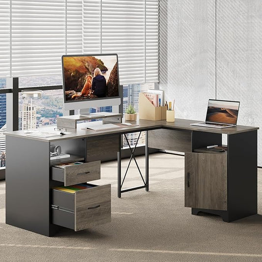 Bestier L Shaped Desk with File Drawers, 63" x 47" Office Computer Desk with Storage Cabinet, Corner Desk with Monitor Stand & Modesty Panel for Home Office, Gray